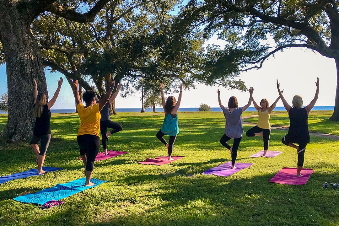 学生们在海滩附近的九游会国际里练习瑜伽